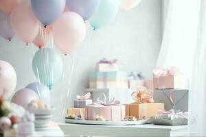 de fête anniversaire fête décorations sur table avec gâteau, présent des boites et des ballons sur pastel Couleur concept par ai généré photo