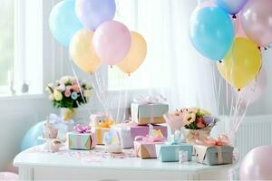 de fête anniversaire fête décorations sur table avec gâteau, présent des boites et des ballons sur pastel Couleur concept par ai généré photo