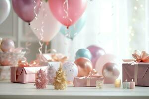 de fête anniversaire fête décorations sur table avec gâteau, présent des boites et des ballons sur pastel Couleur concept par ai généré photo