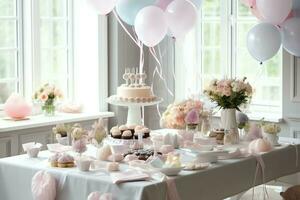 de fête anniversaire fête décorations sur table avec gâteau, présent des boites et des ballons sur pastel Couleur concept par ai généré photo