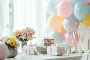 de fête anniversaire fête décorations sur table avec gâteau, présent des boites et des ballons sur pastel Couleur concept par ai généré photo