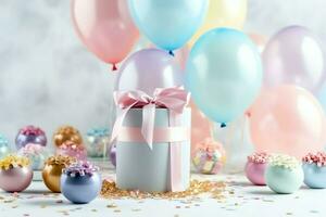 de fête anniversaire fête décorations sur table avec gâteau, présent des boites et des ballons sur pastel Couleur concept par ai généré photo