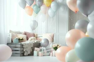 de fête anniversaire fête décorations sur table avec gâteau, présent des boites et des ballons sur pastel Couleur concept par ai généré photo