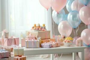 de fête anniversaire fête décorations sur table avec gâteau, présent des boites et des ballons sur pastel Couleur concept par ai généré photo