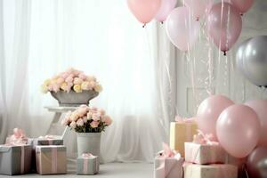 de fête anniversaire fête décorations sur table avec gâteau, présent des boites et des ballons sur pastel Couleur concept par ai généré photo