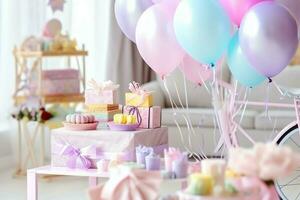 de fête anniversaire fête décorations sur table avec gâteau, présent des boites et des ballons sur pastel Couleur concept par ai généré photo