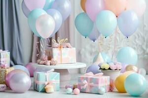 de fête anniversaire fête décorations sur table avec gâteau, présent des boites et des ballons sur pastel Couleur concept par ai généré photo