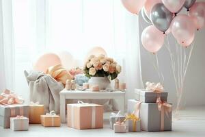 de fête anniversaire fête décorations sur table avec gâteau, présent des boites et des ballons sur pastel Couleur concept par ai généré photo