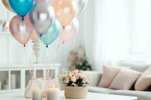 de fête anniversaire fête décorations sur table avec gâteau, présent des boites et des ballons sur pastel Couleur concept par ai généré photo