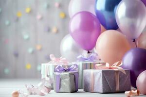 de fête anniversaire fête décorations sur table avec gâteau, présent des boites et des ballons sur pastel Couleur concept par ai généré photo