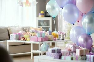 de fête anniversaire fête décorations sur table avec gâteau, présent des boites et des ballons sur pastel Couleur concept par ai généré photo