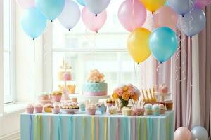 de fête anniversaire fête décorations sur table avec gâteau, présent des boites et des ballons sur pastel Couleur concept par ai généré photo