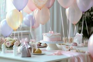 de fête anniversaire fête décorations sur table avec gâteau, présent des boites et des ballons sur pastel Couleur concept par ai généré photo