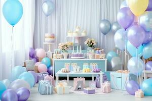 de fête anniversaire fête décorations sur table avec gâteau, présent des boites et des ballons sur pastel Couleur concept par ai généré photo