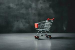 composition de noir Vendredi achats Chariot avec cadeau des boites ou Sacs sur foncé Contexte et copie espace concept par ai généré photo