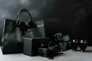 composition de noir Vendredi achats Chariot avec cadeau des boites ou Sacs sur foncé Contexte et copie espace concept par ai généré photo