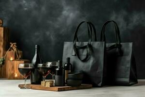 composition de noir Vendredi achats Chariot avec cadeau des boites ou Sacs sur foncé Contexte et copie espace concept par ai généré photo