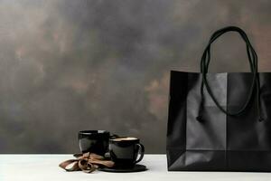 composition de noir Vendredi achats Chariot avec cadeau des boites ou Sacs sur foncé Contexte et copie espace concept par ai généré photo