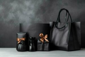 composition de noir Vendredi achats Chariot avec cadeau des boites ou Sacs sur foncé Contexte et copie espace concept par ai généré photo