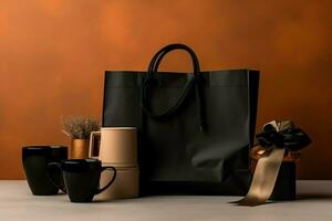 composition de noir Vendredi achats Chariot avec cadeau des boites ou Sacs sur foncé Contexte et copie espace concept par ai généré photo