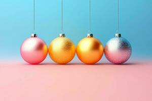 Noël Contexte avec Noël des balles ornements pendaison avec copie espace. Noël décoration concept par ai généré photo