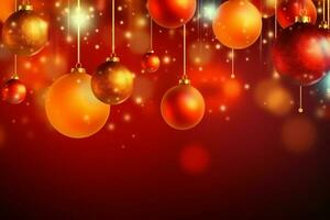 Noël Contexte avec Noël des balles ornements pendaison avec copie espace. Noël décoration concept par ai généré photo
