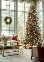 confortable vivant pièce avec magnifique Noël arbre et rouge cadeaux dans moderne intérieur. intérieur de vivant pièce décoré pour joyeux Noël avec chaussettes, cadeau des boites et Noël accessoires par ai généré photo