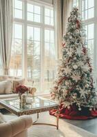 confortable vivant pièce avec magnifique Noël arbre et rouge cadeaux dans moderne intérieur. intérieur de vivant pièce décoré pour joyeux Noël avec chaussettes, cadeau des boites et Noël accessoires par ai généré photo