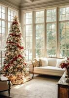 confortable vivant pièce avec magnifique Noël arbre et rouge cadeaux dans moderne intérieur. intérieur de vivant pièce décoré pour joyeux Noël avec chaussettes, cadeau des boites et Noël accessoires par ai généré photo