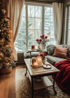 confortable vivant pièce avec magnifique Noël arbre et rouge cadeaux dans moderne intérieur. intérieur de vivant pièce décoré pour joyeux Noël avec chaussettes, cadeau des boites et Noël accessoires par ai généré photo