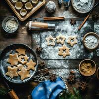 plat allonger de cuisine fait maison Noël cuisson Ingrédients ou pain d'épice biscuits mis sur table concept par ai généré photo