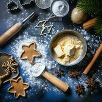 plat allonger de cuisine fait maison Noël cuisson Ingrédients ou pain d'épice biscuits mis sur table concept par ai généré photo