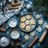 plat allonger de cuisine fait maison Noël cuisson Ingrédients ou pain d'épice biscuits mis sur table concept par ai généré photo