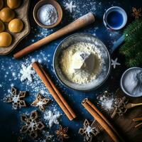 plat allonger de cuisine fait maison Noël cuisson Ingrédients ou pain d'épice biscuits mis sur table concept par ai généré photo