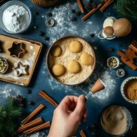 plat allonger de cuisine fait maison Noël cuisson Ingrédients ou pain d'épice biscuits mis sur table concept par ai généré photo