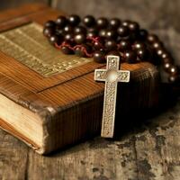 proche en haut de une saint Bible et Christian traverser sur en bois tableau. content bien Vendredi ou religion concept par ai généré photo