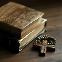 proche en haut de une saint Bible et Christian traverser sur en bois tableau. content bien Vendredi ou religion concept par ai généré photo