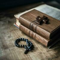 proche en haut de une saint Bible et Christian traverser sur en bois tableau. content bien Vendredi ou religion concept par ai généré photo