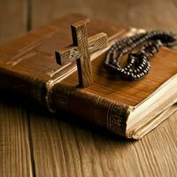 proche en haut de une saint Bible et Christian traverser sur en bois tableau. content bien Vendredi ou religion concept par ai généré photo