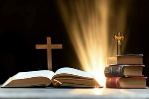 proche en haut de une saint Bible et Christian traverser sur en bois tableau. content bien Vendredi ou religion concept par ai généré photo