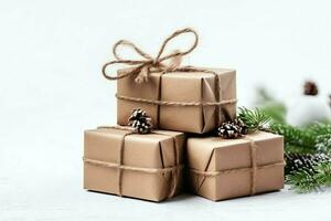 une Noël cadeau, Noël ou présent boîte objets sur vacances ambiance Contexte dans l'hiver. joyeux Noël concept par ai généré photo