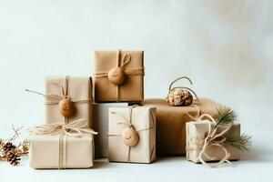 une Noël cadeau, Noël ou présent boîte objets sur vacances ambiance Contexte dans l'hiver. joyeux Noël concept par ai généré photo