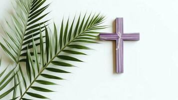 une Christian en bois traverser crucifix signe avec vert paume feuilles comme religieux vacances. paume dimanche un événement concept par ai généré photo