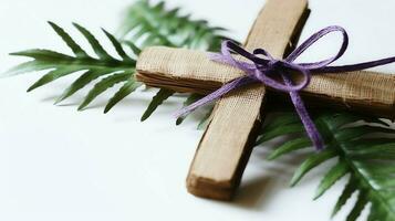 une Christian en bois traverser crucifix signe avec vert paume feuilles comme religieux vacances. paume dimanche un événement concept par ai généré photo