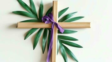 une Christian en bois traverser crucifix signe avec vert paume feuilles comme religieux vacances. paume dimanche un événement concept par ai généré photo