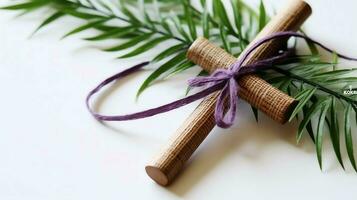 une Christian en bois traverser crucifix signe avec vert paume feuilles comme religieux vacances. paume dimanche un événement concept par ai généré photo