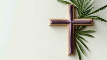 une Christian en bois traverser crucifix signe avec vert paume feuilles comme religieux vacances. paume dimanche un événement concept par ai généré photo