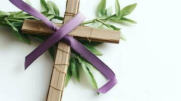 une Christian en bois traverser crucifix signe avec vert paume feuilles comme religieux vacances. paume dimanche un événement concept par ai généré photo