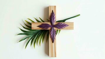 une Christian en bois traverser crucifix signe avec vert paume feuilles comme religieux vacances. paume dimanche un événement concept par ai généré photo