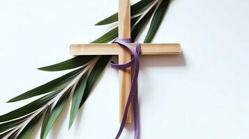 une Christian en bois traverser crucifix signe avec vert paume feuilles comme religieux vacances. paume dimanche un événement concept par ai généré photo